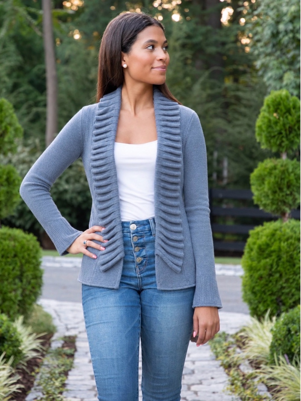 Tyler Boe Wool Blend Ruffle Collar Open Front Cardigan XS NWOT